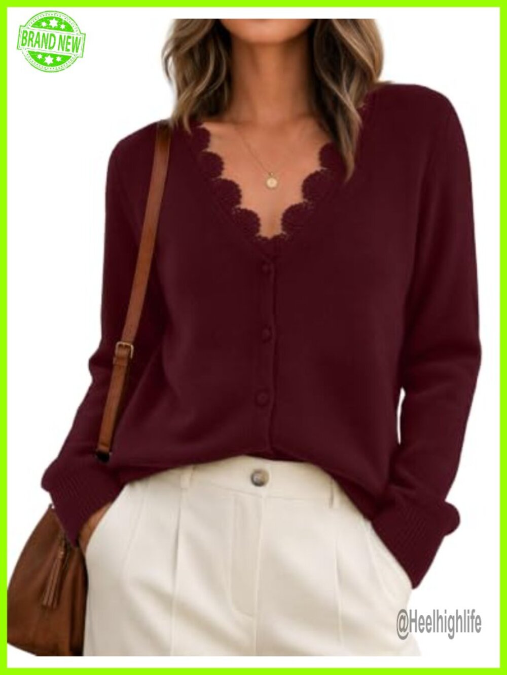 Womens Lace V Neck Button Up Cardigan Soft Knit Sweater Fall Work